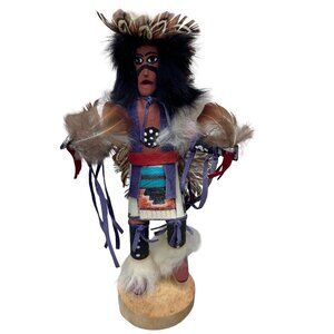 Vintage Native American Navajo Handmade Kachina Art Heavily Feathered Warrior 8"